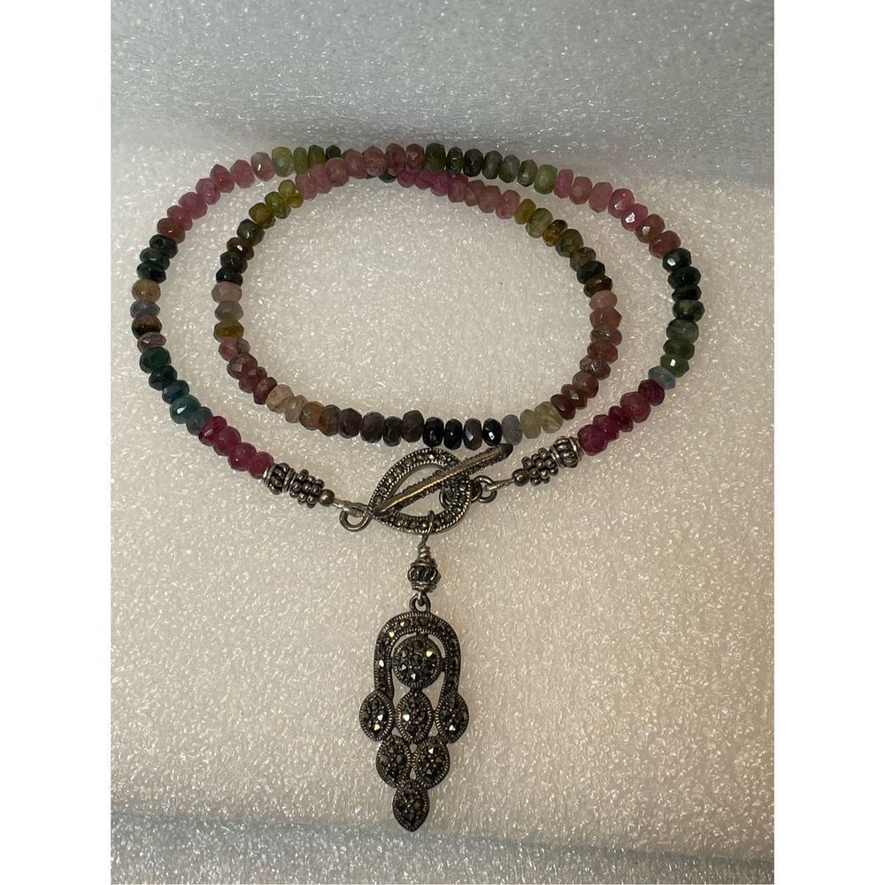 Rare Vintage Sterling Silver Marcasite Multicolor Semi Precious Gemstone Short N